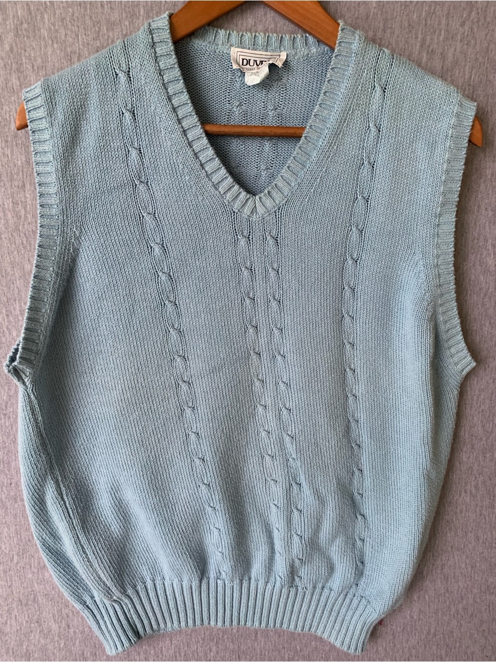 Vintage Light Blue Cable Knit V-Neck Sweater Vest 80s 90s Duvet Made in USA L